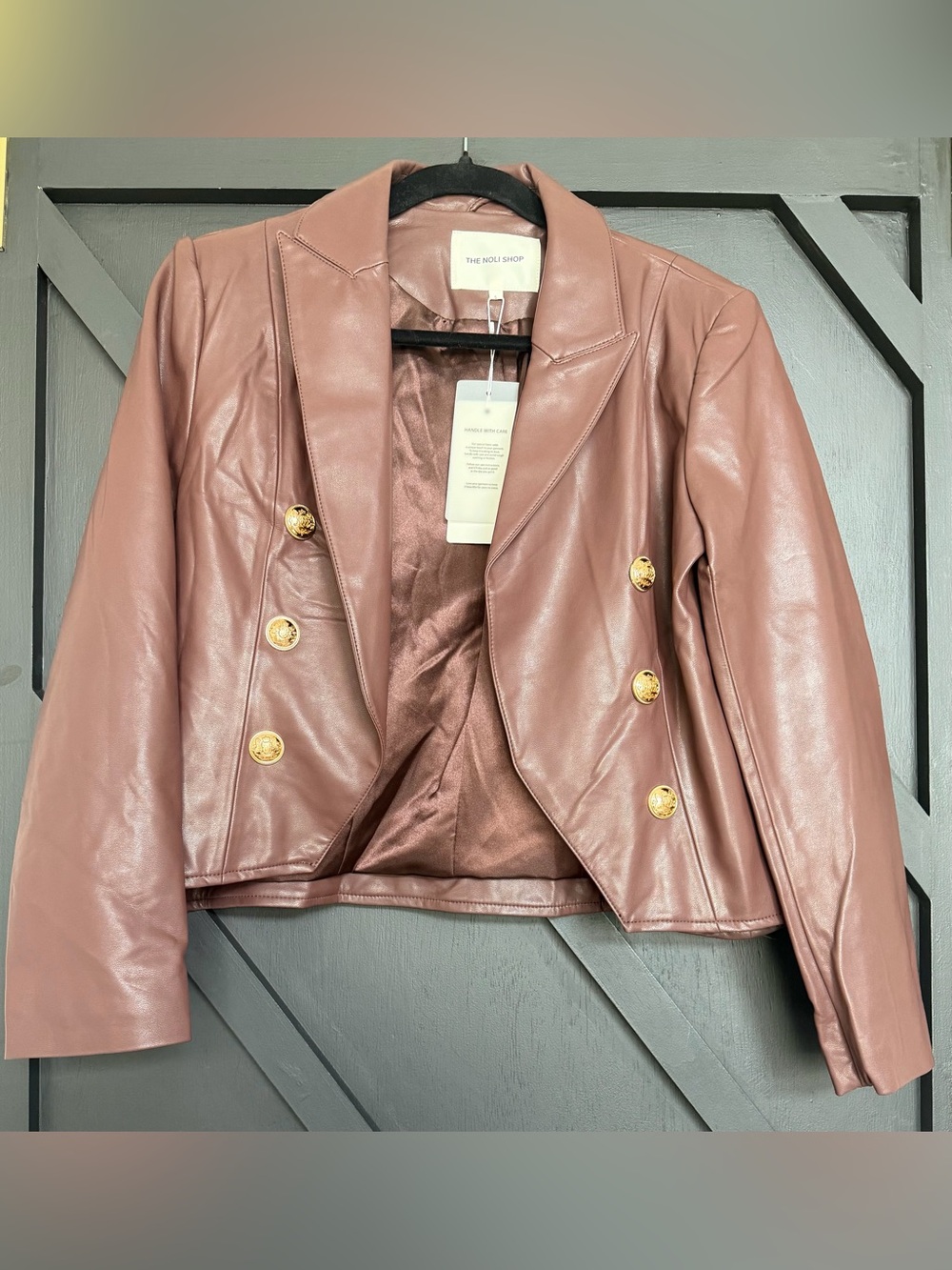 The Noli Shop Gabrielle Faux Leather Double Breasted Blazer in Dark Oak – Small
